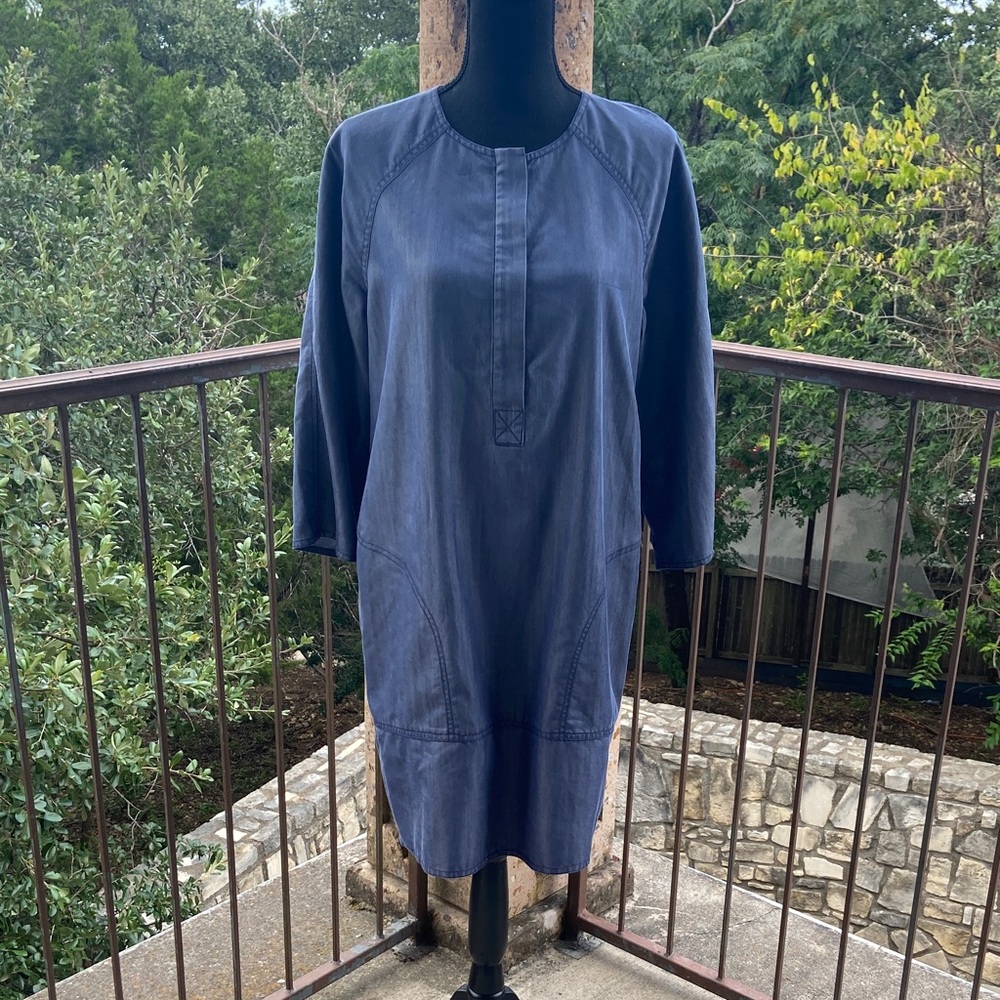 Vince Three-quarter Sleeve Denim Blue Midi Dress with pockets Size Medium